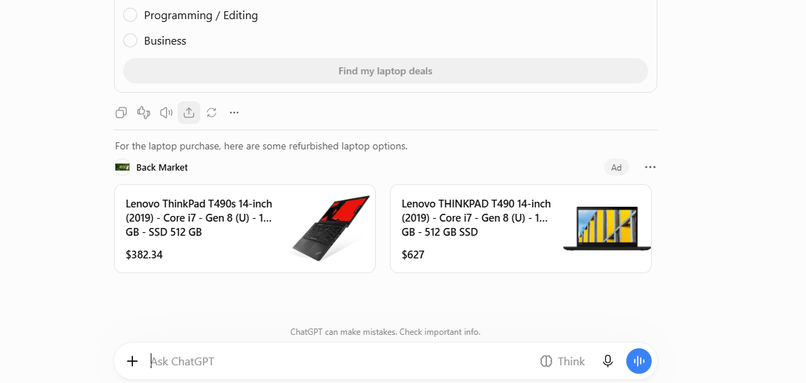ChatGPT tests two ad carousels from the same brand