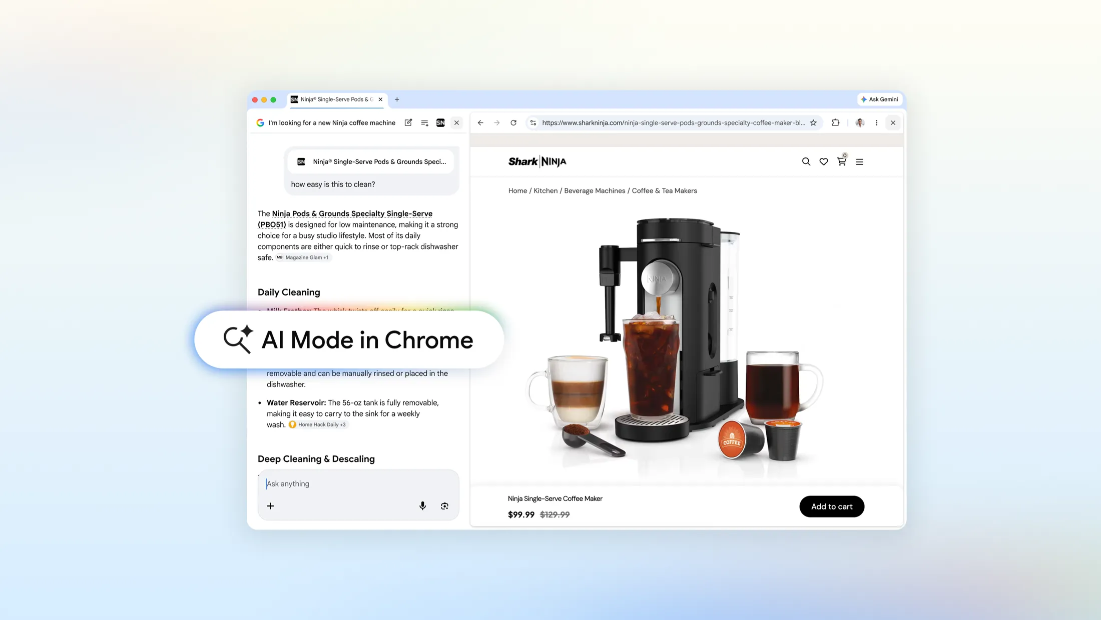 Google illustration of an existing AI Mode conversation beside a shopping webpage in Chrome