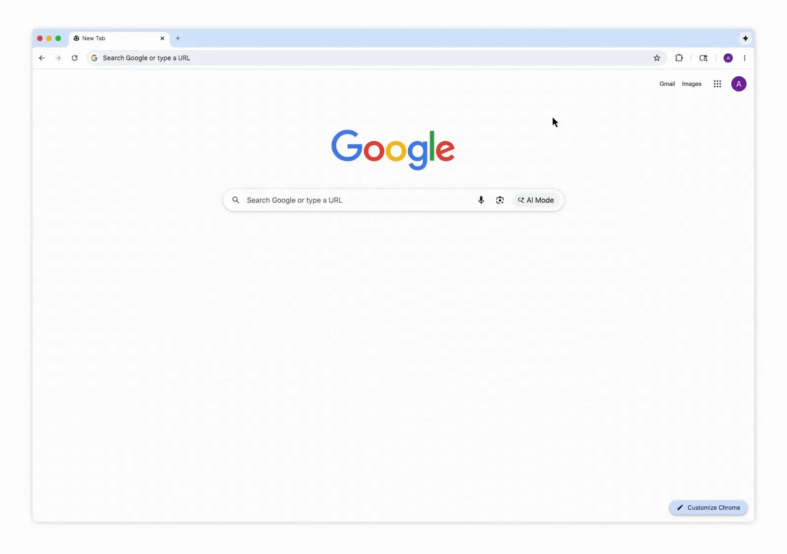 Google screenshot of the Chrome New Tab page with an AI Mode button beside the search field