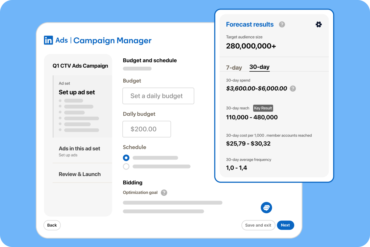 LinkedIn's illustrative Campaign Manager screen with CTV campaign budget and forecast controls