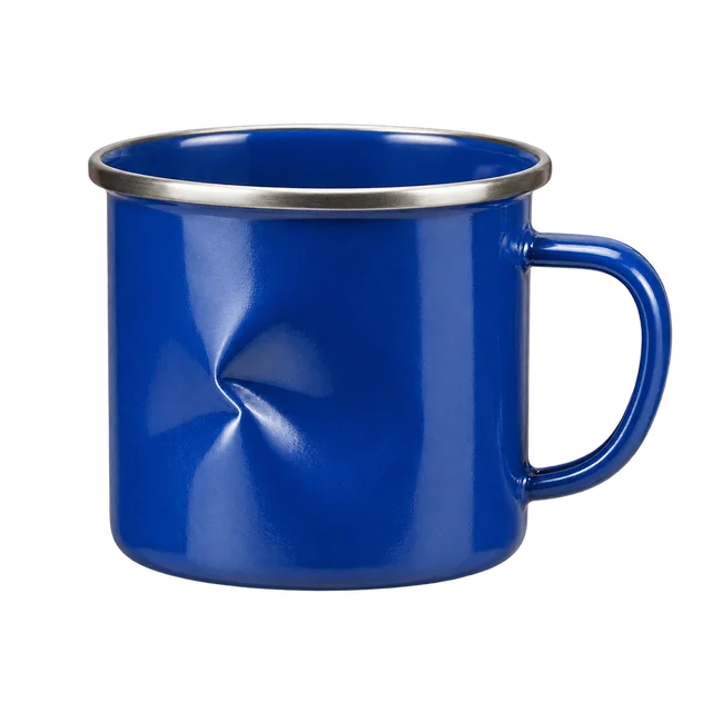 Blue camping mug with a pronounced dent, used in OpenAI's Decisions documentation