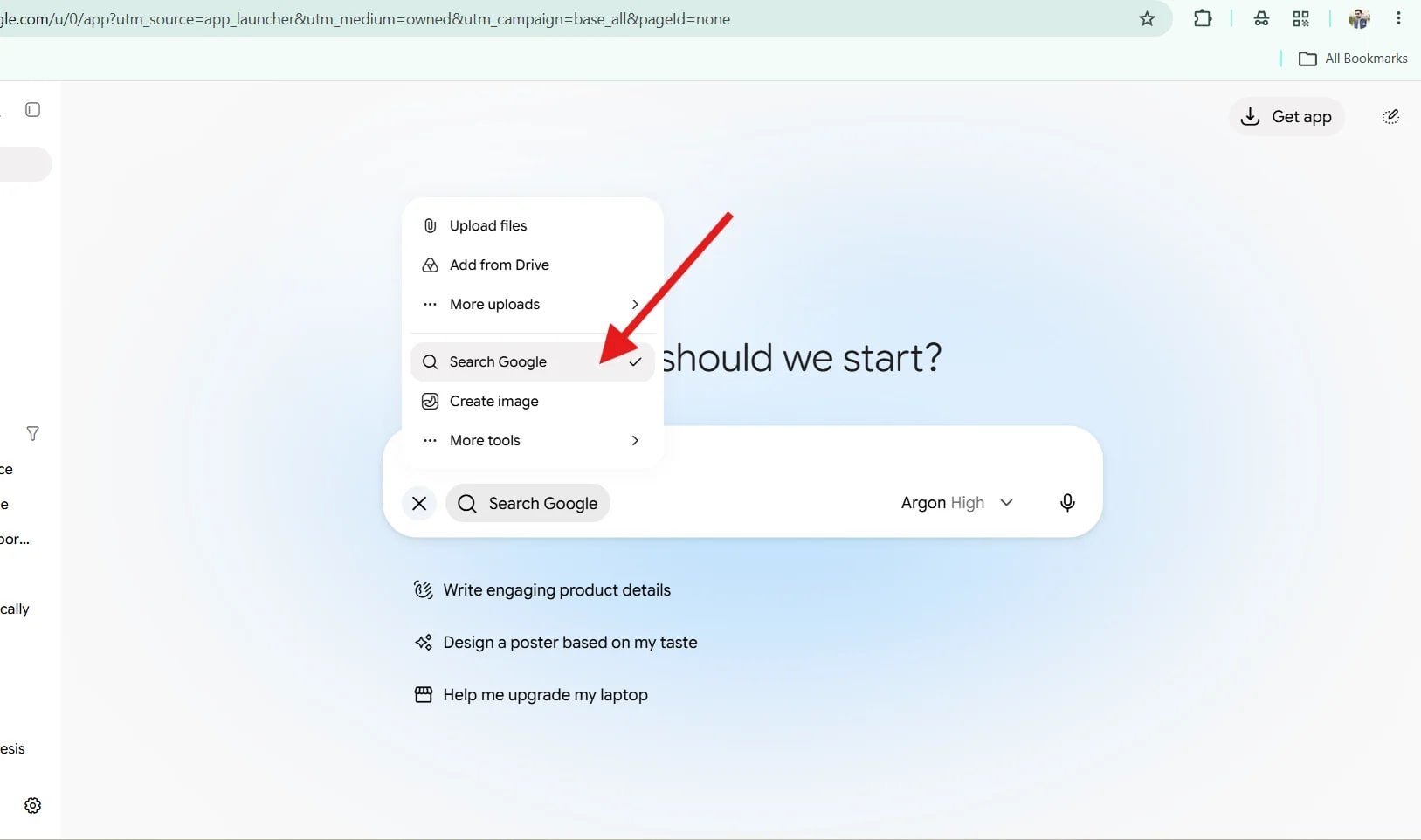 Gemini plus menu with a checked Search Google option between More uploads and Create image, and a Search Google chip in the prompt box