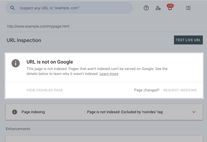 Google URL Inspection documentation example showing a page excluded by a noindex tag