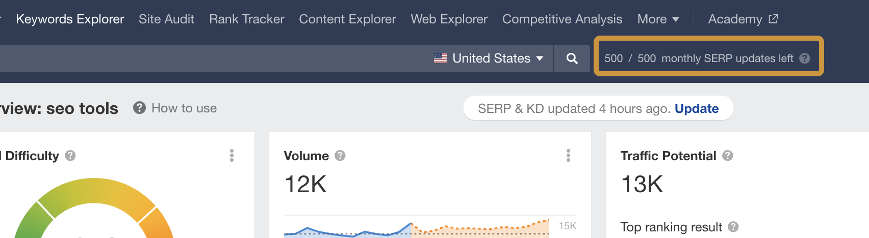 Ahrefs documentation screenshot showing the SERP update time and Update control in Keywords Explorer