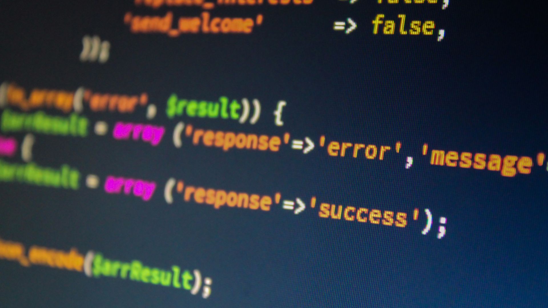 Close-up of PHP code on a computer monitor
