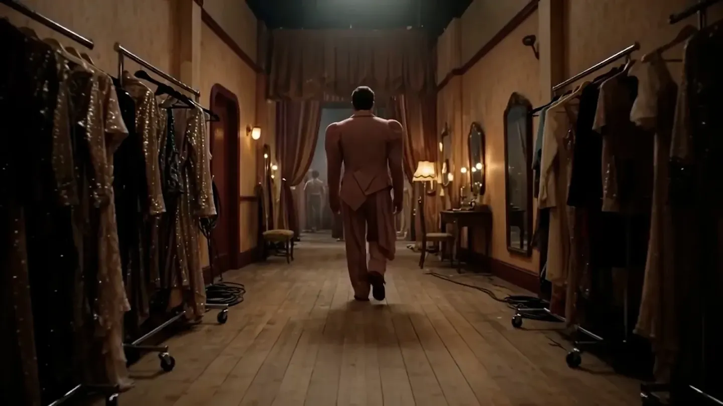 Google's generated theater scene with a person walking between costume racks