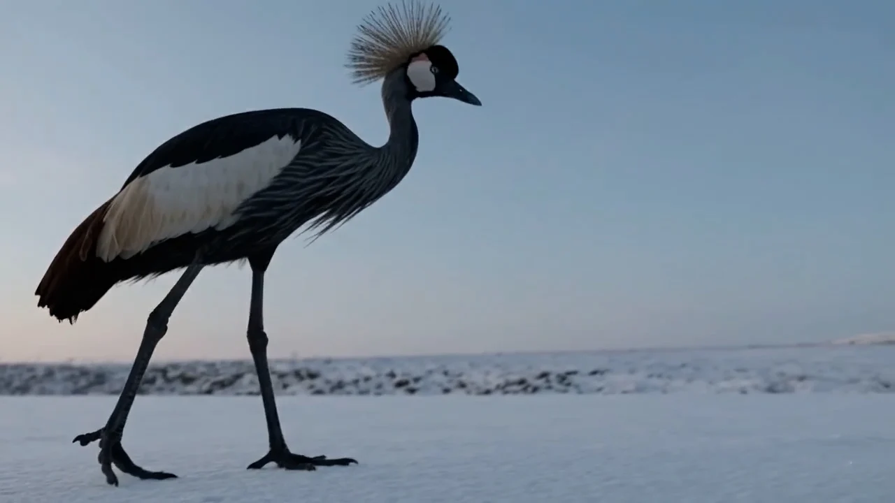 Google-generated crowned crane walking across a snowy landscape
