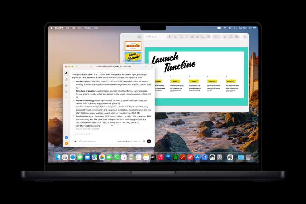 Apple's MacBook example showing a Keynote pitch deck and a summary in ChatGPT