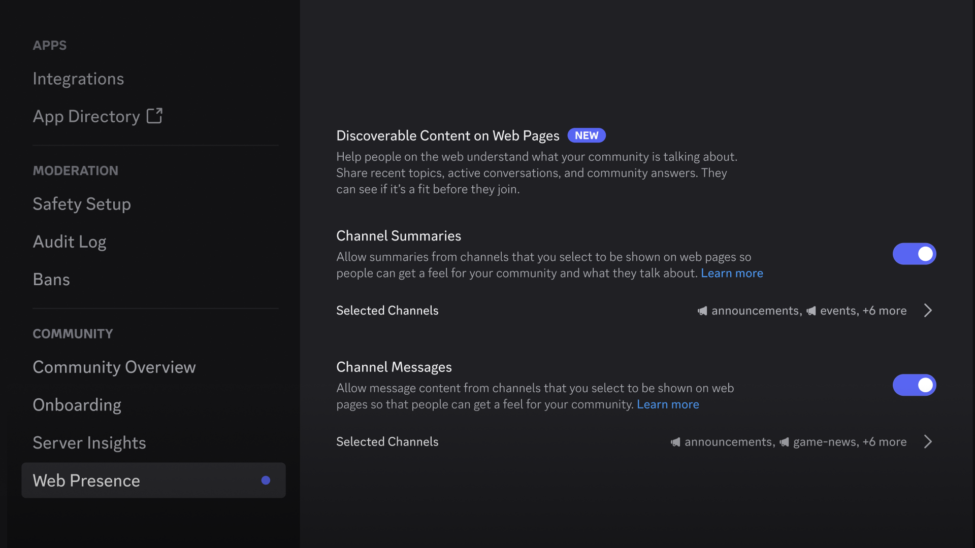 Discord Web Presence controls with separate toggles and selected channels for summaries and messages