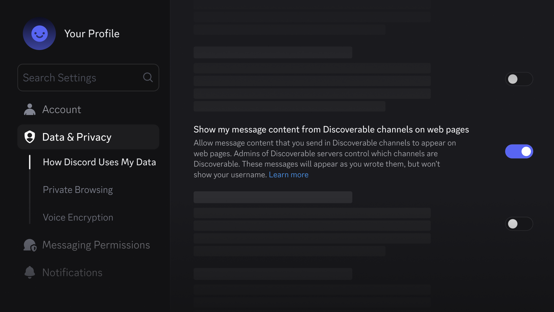 Discord Data and Privacy setting for showing message content from Discoverable channels on web pages