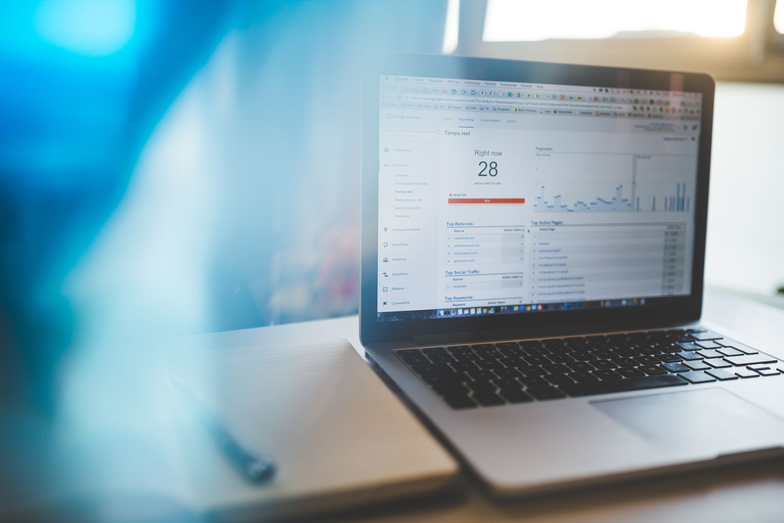 Laptop showing an analytics dashboard on a desk