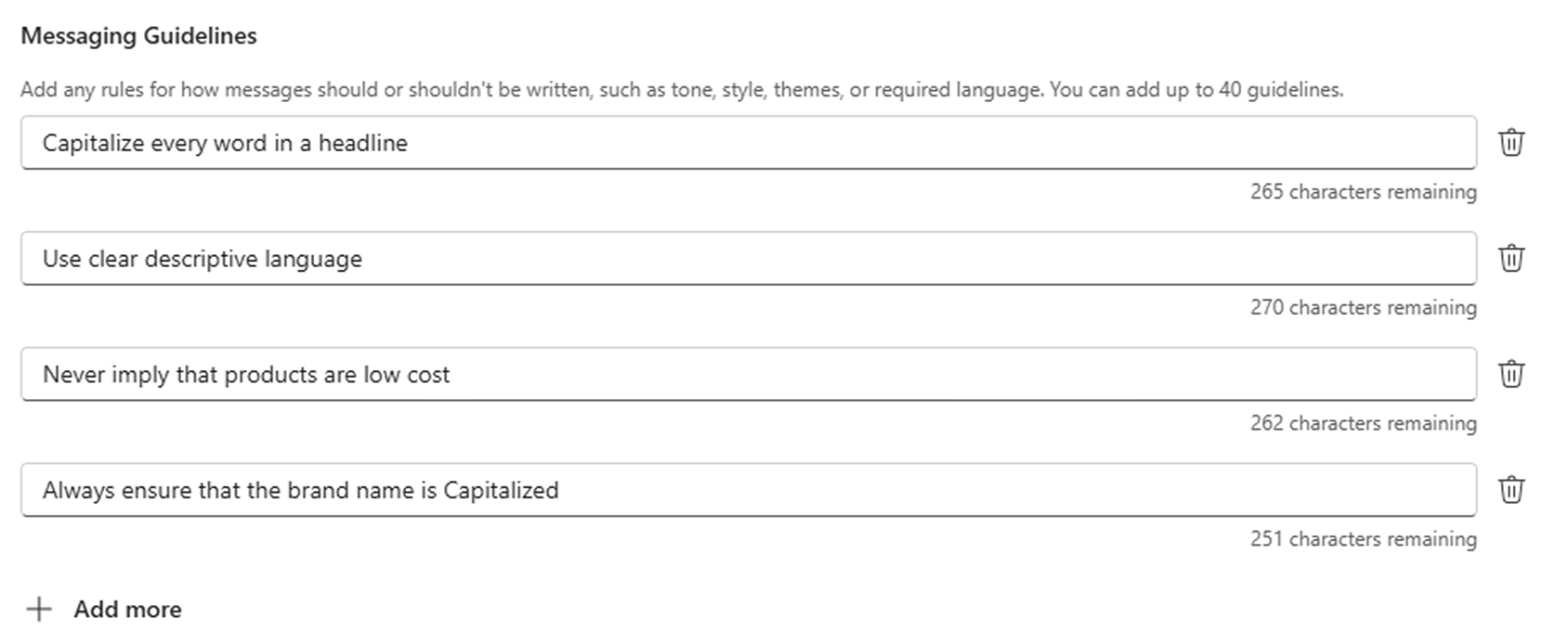 Microsoft Advertising messaging guidelines fields with instructions on tone, price claims and capitalization