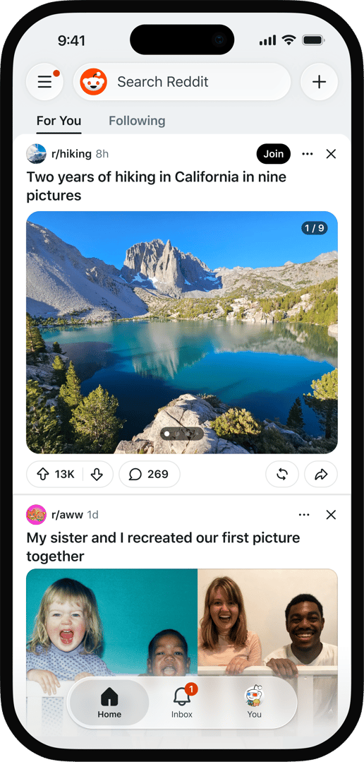 Reddit For You feed showing a recommended hiking community with a Join button