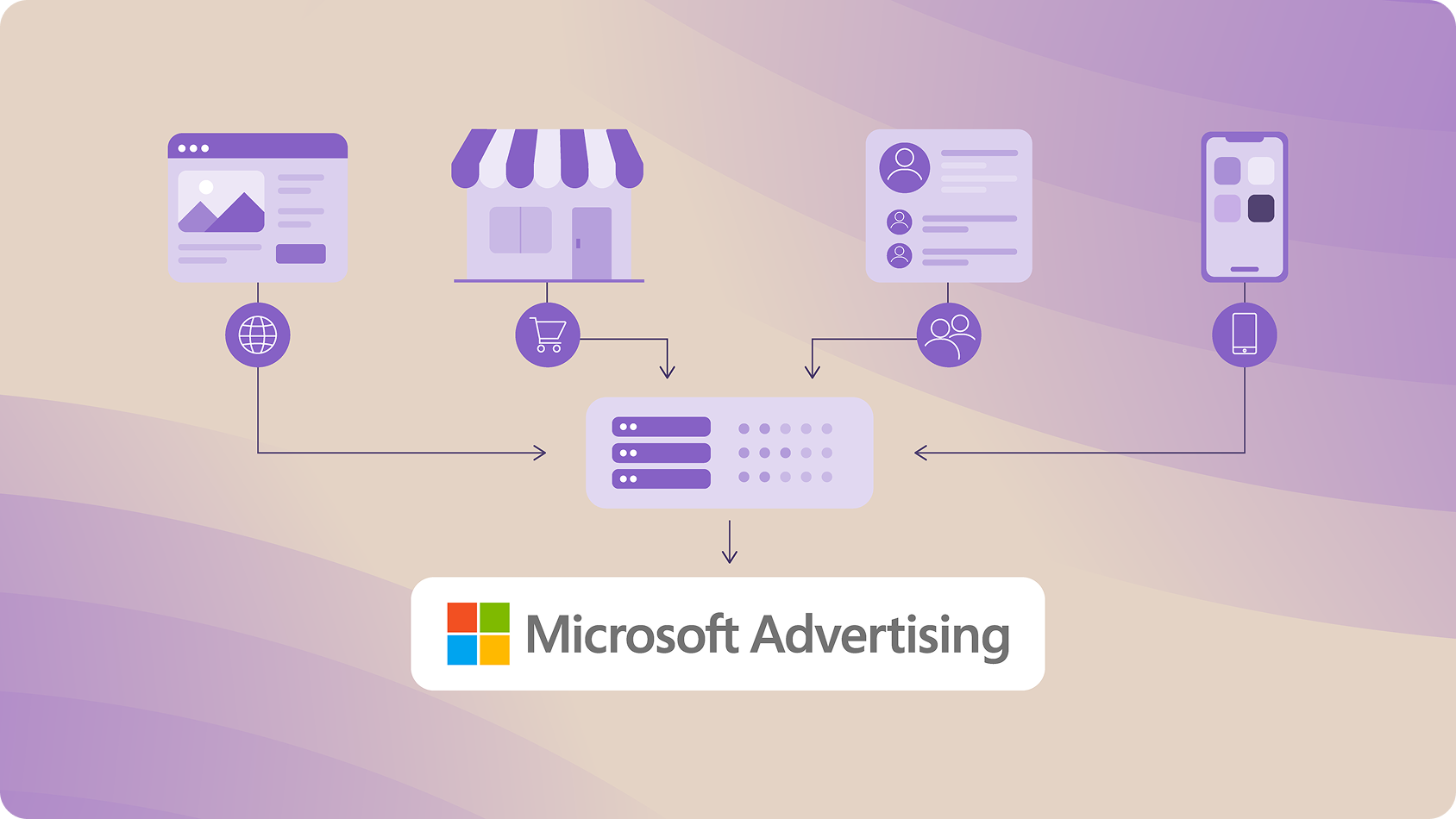 Microsoft diagram showing website, store, customer records and app data reaching Microsoft Advertising through a server