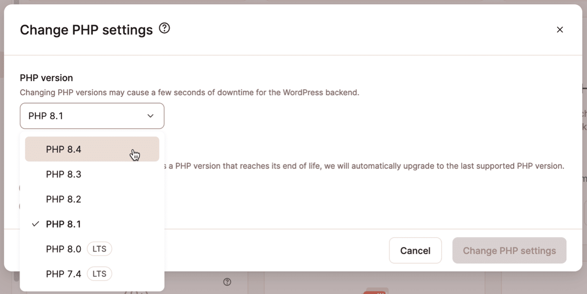 Kinsta's MyKinsta PHP settings example showing a menu of PHP branches
