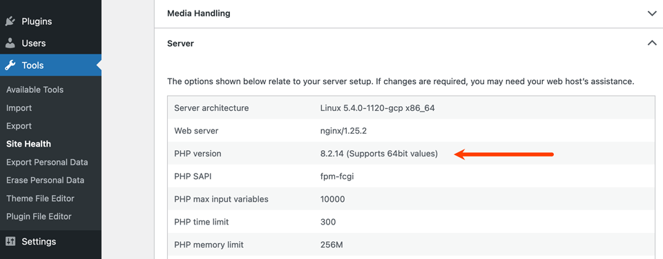 Kinsta's older WordPress Site Health example pointing to PHP version 8.2.14 in Server information