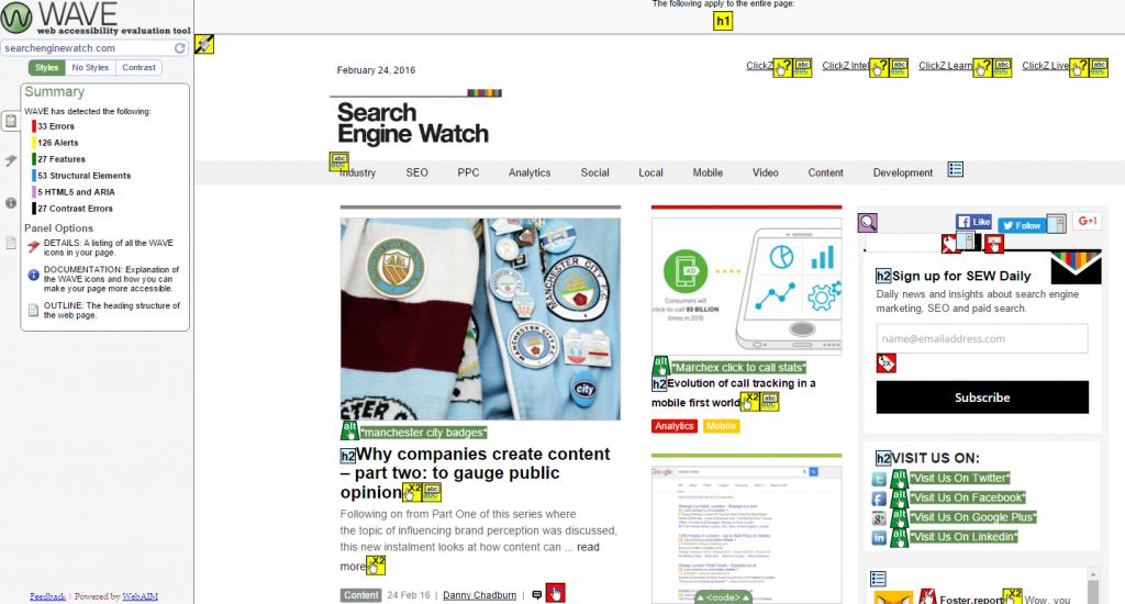 A screenshot of the web accessibility check for the website Search Engine Watch, using WebAIM's WAVE tool. The screenshot shows a total of 33 errors, 126 alerts, 27 features, 53 structural elements, 5 HTML5 and ARIA and 27 contrast errors. These are flagged up across the homepage with various yellow, red and green icons.