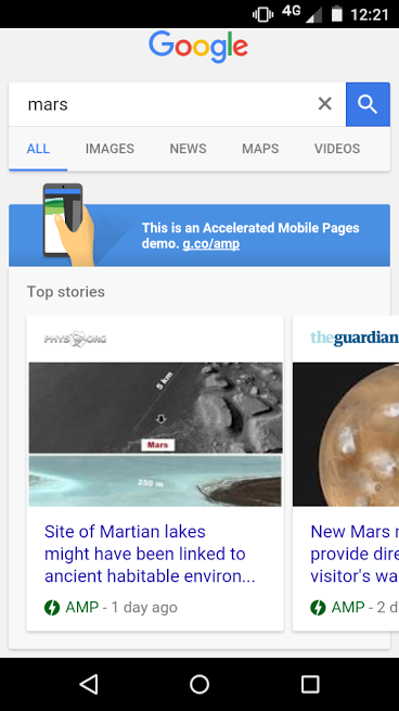 A screenshot of the Accelerated Mobile Pages search demo, showing results for the search term 