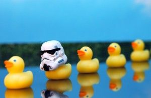 A row of rubber ducks against a backdrop of a bright blue sky and what could be a green hedge, sitting on a mirrored surface reflecting the blue sky. One of the ducks is wearing a Stormtrooper helmet from Star Wars.