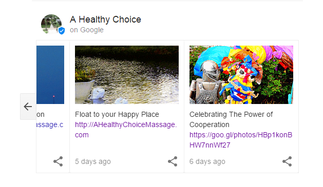 A screenshot of the ‘carousel‘ of recent posts published by A Healthy Choice Spa, each featuring an image and a simple text description such as "Find your happy place" with a link to the spa‘s website. The earliest is time stamped 6 days ago.