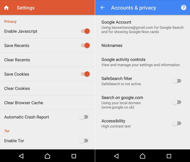 A screenshot comparing the DuckDuckGo mobile app's privacy settings (left) side by side with Google's (right). DuckDuckGo's list of settings includes, "Enable Javascript", "Save" or "Clear" Recents, "Clear Cookies", "Clear Browser Cache", "Automatic Crash Report" and "Enable Tor". By contrast, Google's Accounts and Privacy settings only include options to access Google Account, Nicknames and Google Activity controls, turn on Safe Search, search on Google.com and turn on high contrast text for accessibility.