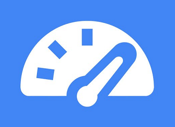 A simple blue and white graphic of a speedometer.