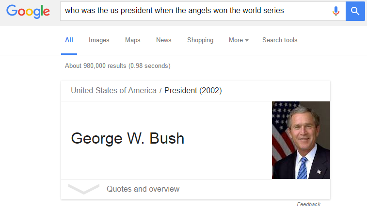 A screenshot of the search query, “Who was the U.S. President when the Angels won the World Series?” with Google's Knowledge Graph displaying the answer "George W. Bush" below, next to a picture of the former president.