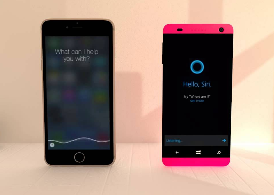 An image of two smartphones side by side, one an iPhone running SIRI, and the other a Windows phone running Cortana.