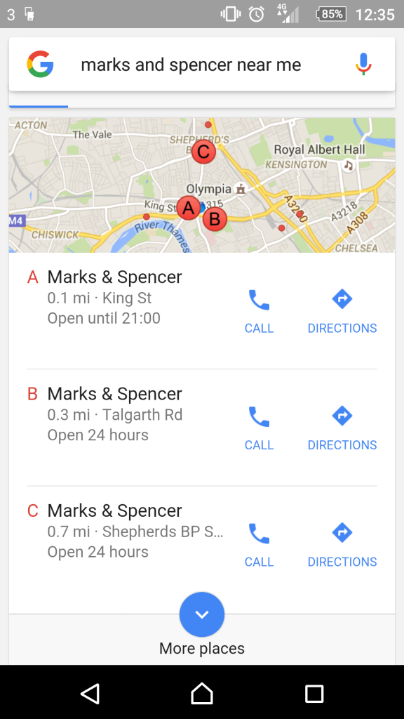 A mobile screenshot of a Google search for "Marks and Spencer near me", showing the three-pack of local results below a small map of the area.