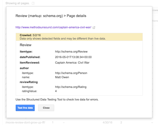 Search Console Structured Data test