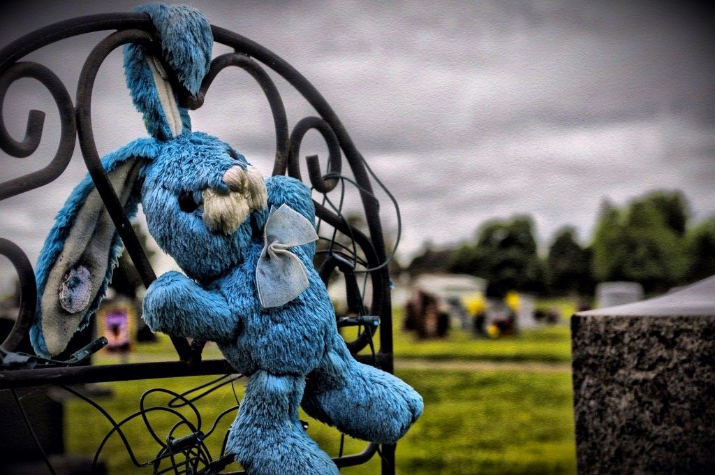 A photograph of a bedraggled blue toy rabbit with a ribbon around its next, affixed to a black fence or gate in the foreground of what looks like a graveyard. One ear is hooked around the top of the gate.