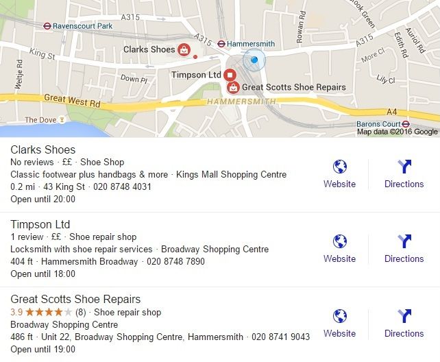 A screenshot of the new wider three-pack of local search results, showing three types of shoe shop near Hammersmith. Each shop is given a short description, plus an exact location (e.g. Kings Mall Shopping Centre), a distance away (e.g. 0.2 miles), a street address (e.g. 43 King Street) and a phone number, with opening hours below.