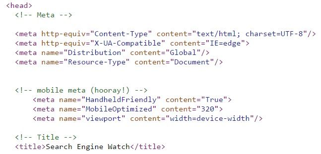 A screenshot of the meta tags for Search Engine Watch, including a section entitled "mobile meta (hooray!)" which has a correctly configured viewport meta tag.