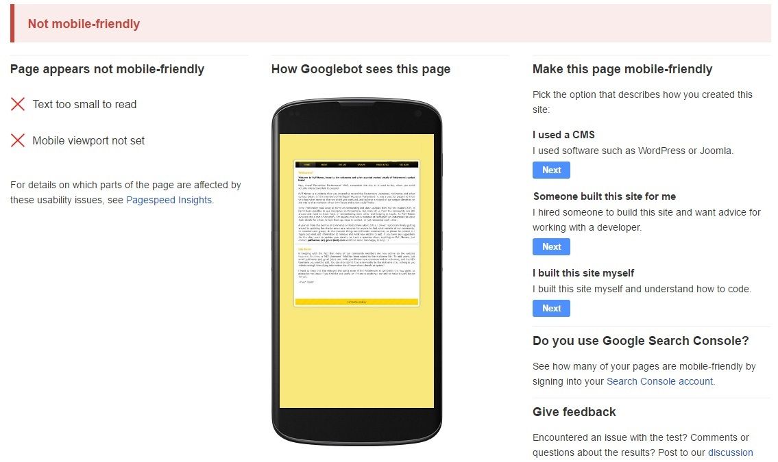 A Google mobile-friendly test for a website. At the top is a red bar reading "not mobile friendly", with issues listed on the left. In the middle is an image of a mobile device showing "How Googlebot sees this page". On the right you can select from options about how the page was created, in order to start improving it.