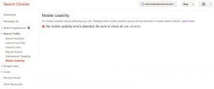 A screenshot of the Mobile Usability section of Google's Search Console for the website methodsunsound. The message reads, "No mobile usability errors detected. Be sure to check all site variants."