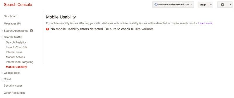 A screenshot of the Mobile Usability section of Google's Search Console for the website methodsunsound. The message reads, "No mobile usability errors detected. Be sure to check all site variants."