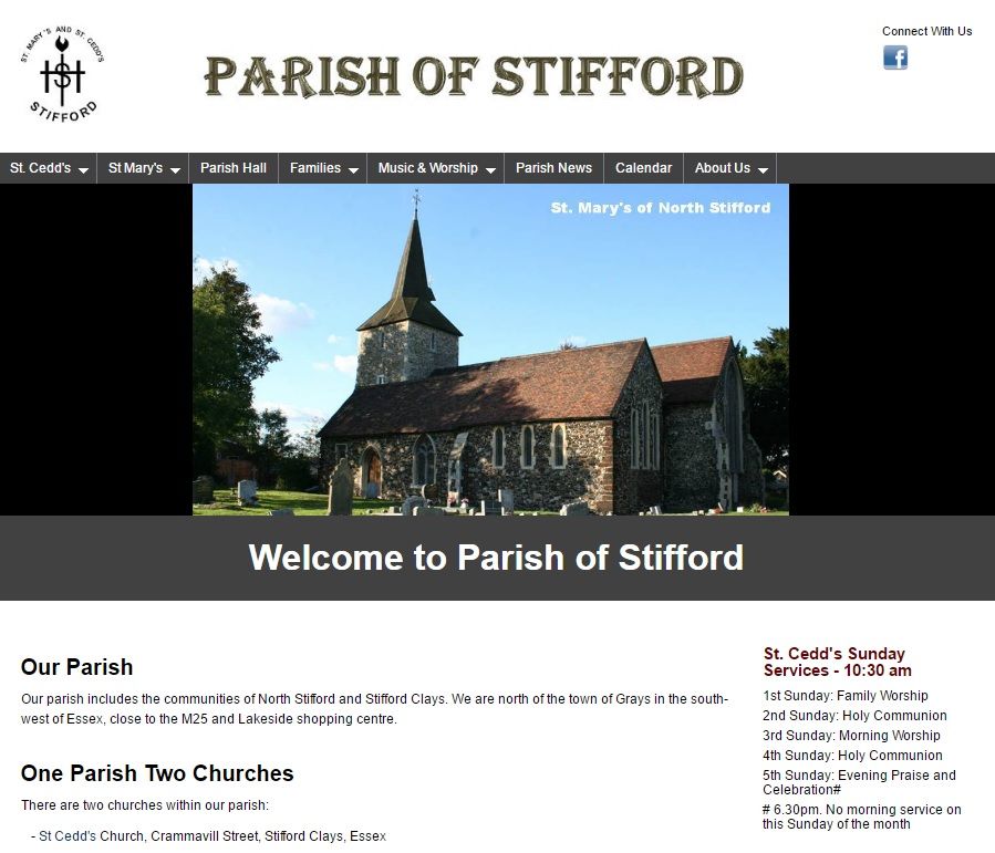 A screenshot of the homepage for the Parish of Stifford church website, with a picture of a sunlit stone church in the header.