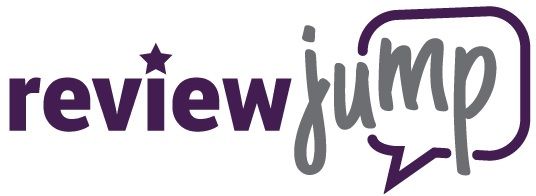 The logo for reputation management company ReviewJump: the word "review" in purple sans serif font with a star over the I, next to the word "jump" in grey cursive font with a purple speech bubble outline behind it.