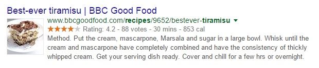 A search result for a tiramisu recipe from BBC Good Food. The recipe is called "Best-ever tiramisu" and features a star rating of 4.2 and shows an assembly time of 30 minutes and a calorie count of 853 calories. It has a picture of the dessert to the left, and underneath is an extract from the recipe's method.