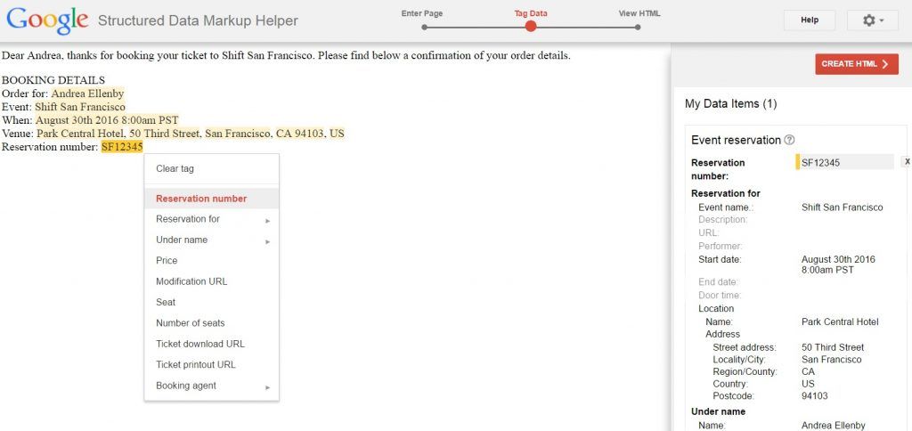 A screenshot showing the Google Structured Data Markup Helper for emails.