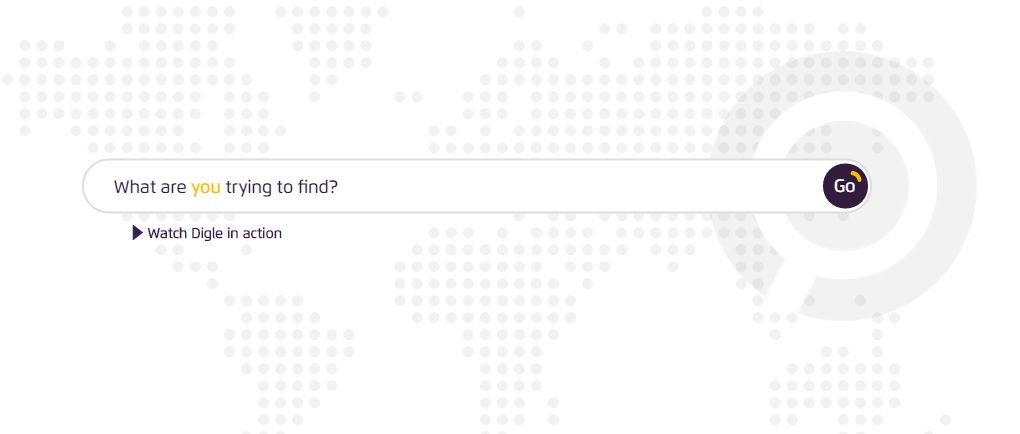 A screenshot from the Digle landing page with a faint map of the world represented in grey dots as the background. To the right of the map is a large magnifying glass icon in pale grey. On top of this background is a search bar with the question 'What are you trying to find?' Underneath is a link with a triangular Play button reading 'Watch Digle in action'.