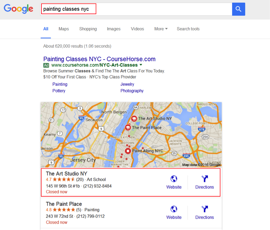 The Art Studio NY ranks #1 for local search term “painting classes nyc”