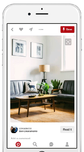 A gif showing Pinterest's visual search in action on a smartphone, detecting objects around a room and bringing up related pins at the bottom of the screen.