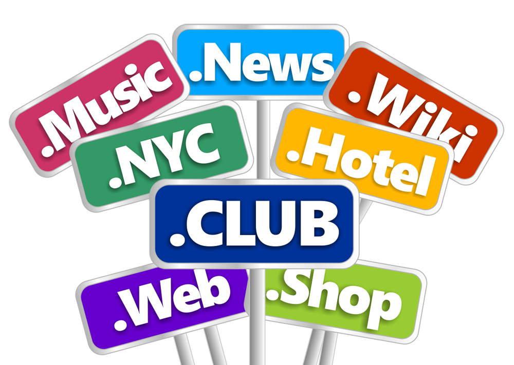 A bunch of colourful road signs bearing custom top-level domains such as .music, .nyc and .club.
