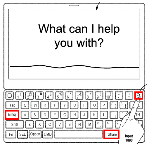 A concept sketch of Apple's proposed emoji keyboard, featuring an Emoji button in place of caps lock. There is also a magnifying glass button in the top right hand corner, and a Share button on the bottom next to the space bar.