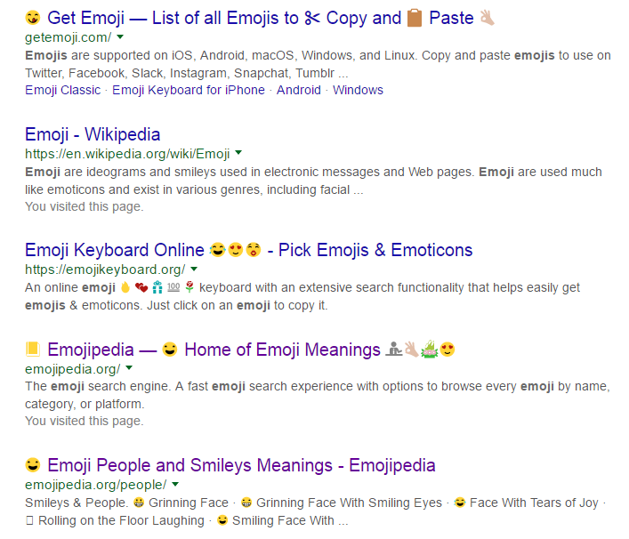 A screenshot of the search results page for emoji in Google, showing various emoji in the titles of the results.