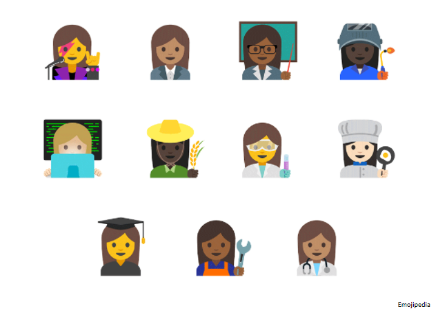 A range of female professional emoji with different skin tones.