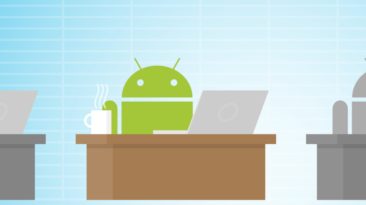 Vector graphic of the Android robot sitting behind a desk with a laptop and a cup of coffee.