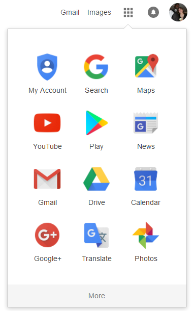 Un menu con varie icone tra cui Il mio account, Ricerca, Mappe, YouTube, Gmail e altro ancora.