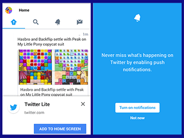 Screenshots of Twitter Lite homepage with Add to Home Screen prompt and Sign up for notifications prompt.